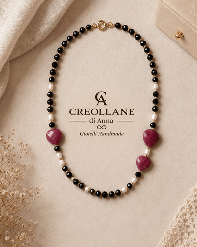 Collana calcedonio nero cuori - nero,,